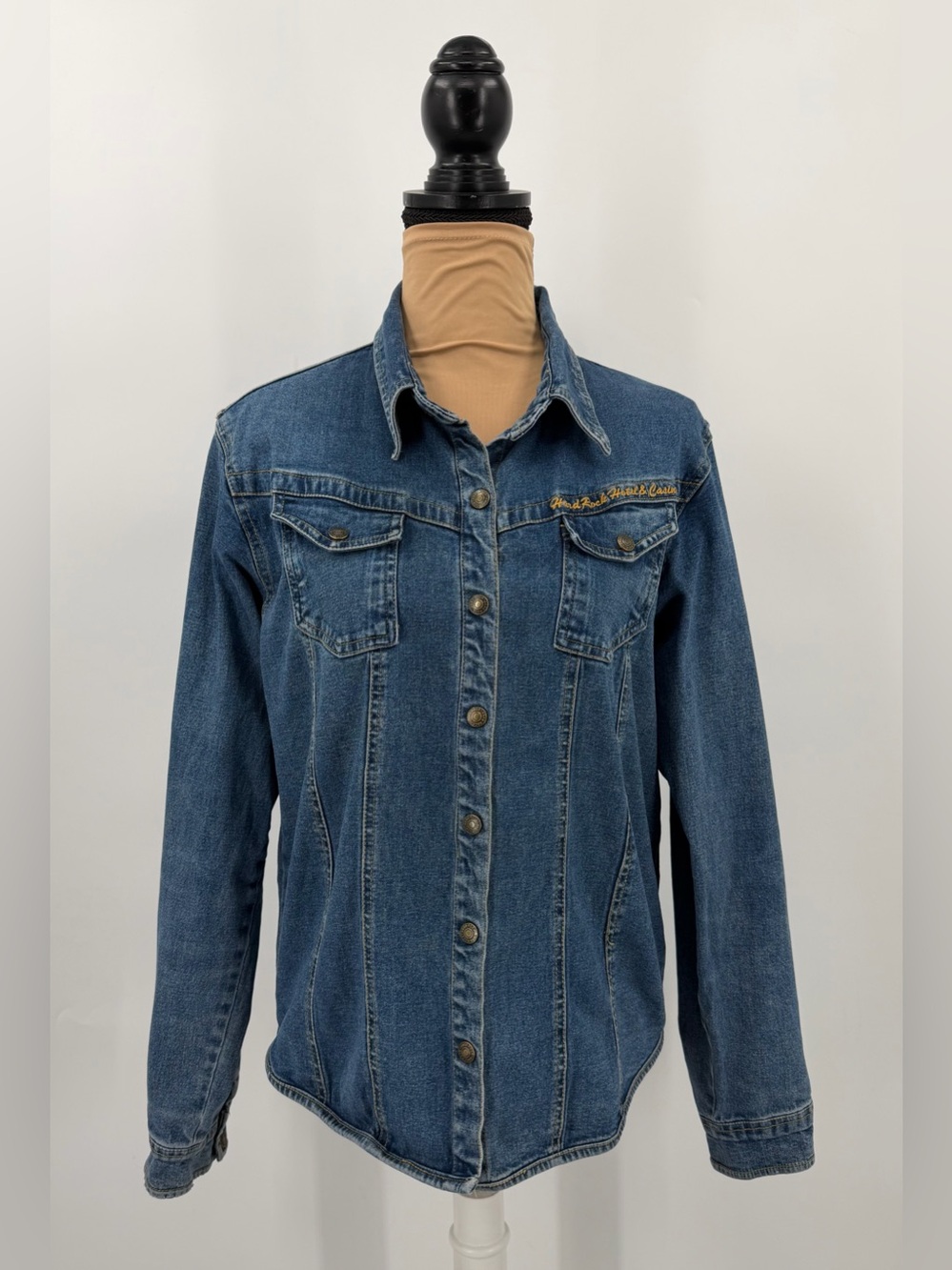 Vintage Hard Rock Hotel Tampa Denim Button Down Shirt Embroidered L western Y2K